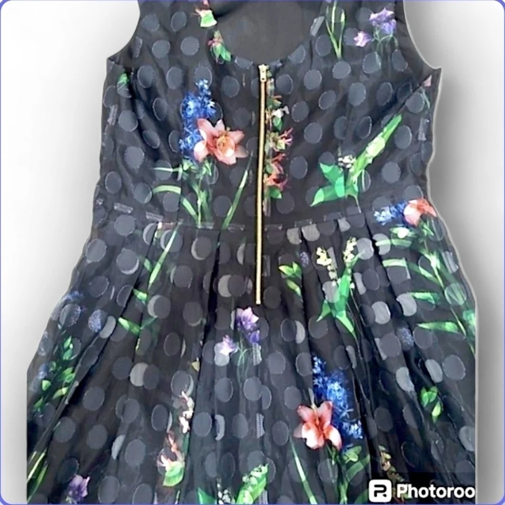 Derhy K Black Polka Dot Floral Sleeveless Party Dress Girls Size Large